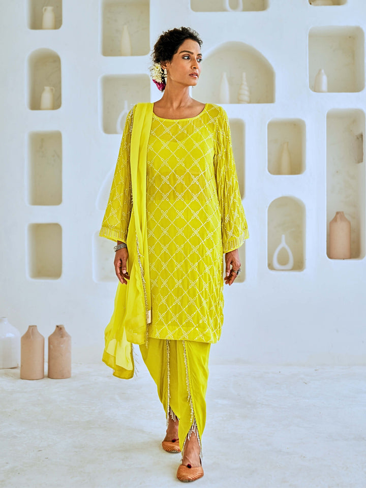 Lemon Green Mukaish Georgette Kurta Set with Organza Dupatta