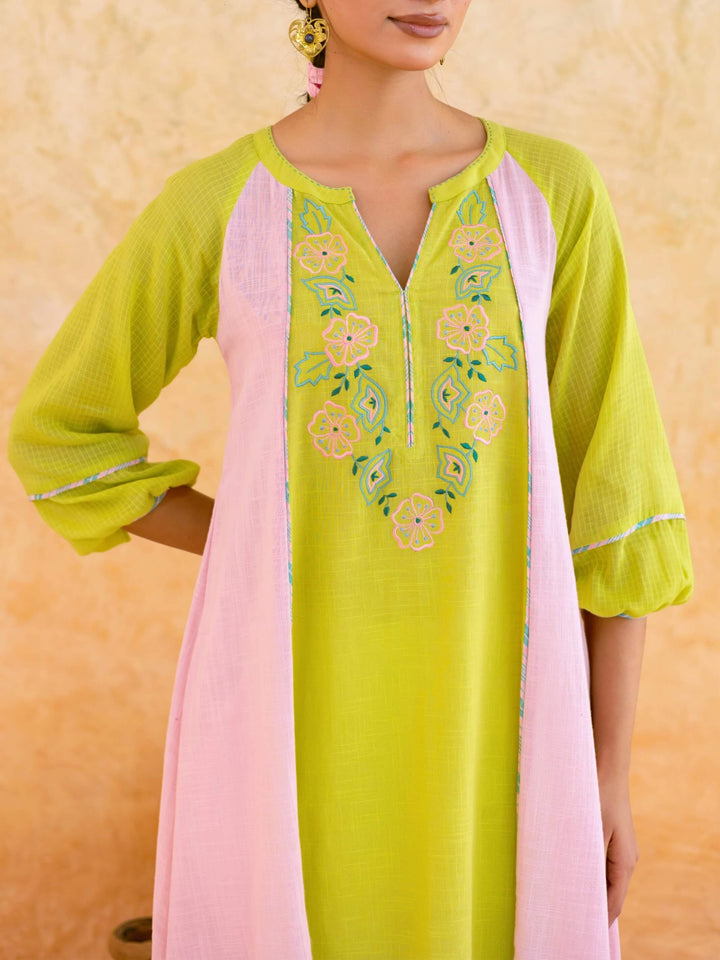 Lime Green Cotton Kurta Set for Women with Embroidered Yoke – Colourblock Panelled A-Line Kurta Set