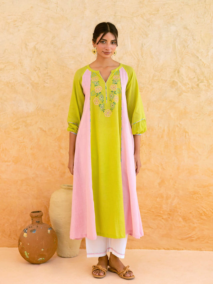 Lime Green Cotton Kurta Set for Women with Embroidered Yoke – Colourblock Panelled A-Line Kurta Set