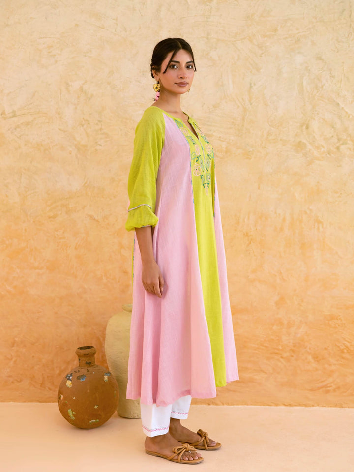 Lime Green Cotton Kurta Set for Women with Embroidered Yoke – Colourblock Panelled A-Line Kurta Set