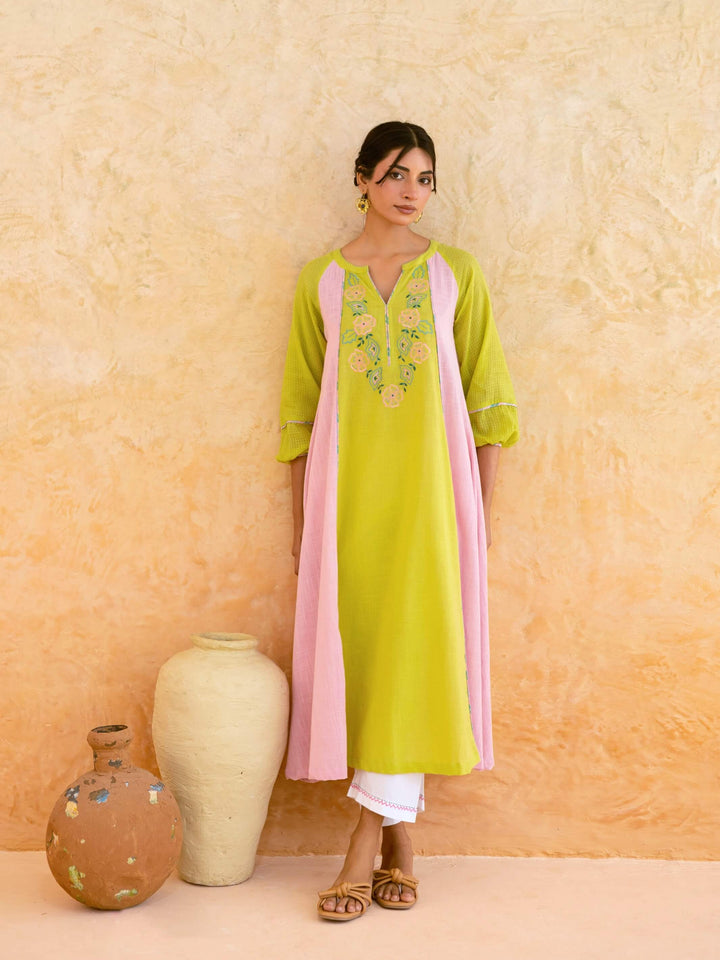 Lime Green Cotton Kurta Set for Women with Embroidered Yoke – Colourblock Panelled A-Line Kurta Set