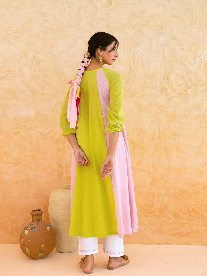 Lime Green Cotton Kurta Set for Women with Embroidered Yoke – Colourblock Panelled A-Line Kurta Set