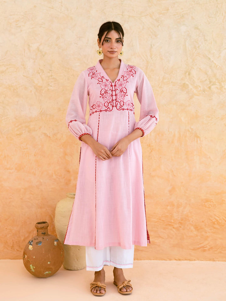 Blush Pink Cotton Kurta Set for Women with Contrast Floral Embroidered Yoke – Panelled A-Line Kurta Set