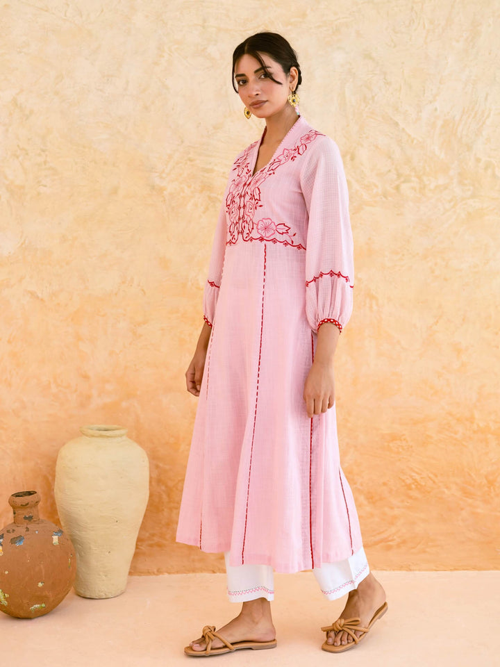 Blush Pink Cotton Kurta Set for Women with Contrast Floral Embroidered Yoke – Panelled A-Line Kurta Set