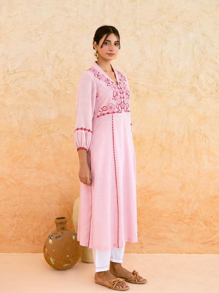 Blush Pink Cotton Kurta Set for Women with Contrast Floral Embroidered Yoke – Panelled A-Line Kurta Set