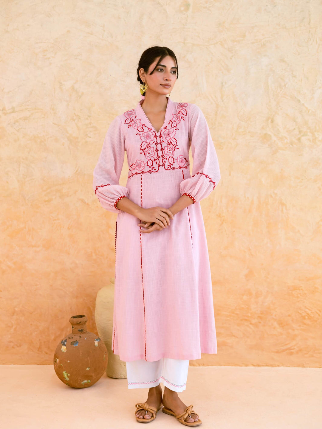 Blush Pink Cotton Kurta Set for Women with Contrast Floral Embroidered Yoke – Panelled A-Line Kurta Set