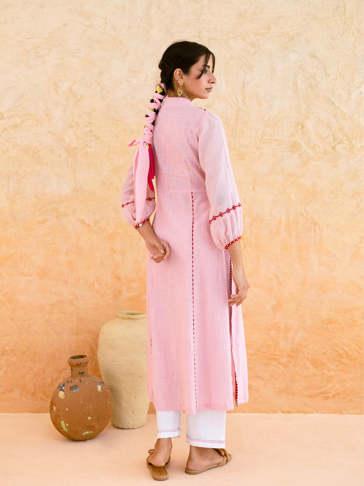 Blush Pink Cotton Kurta Set for Women with Contrast Floral Embroidered Yoke – Panelled A-Line Kurta Set