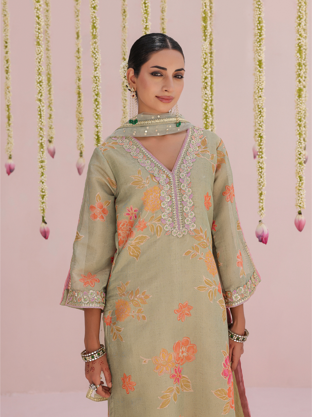 Mint Kurta Set With Floral Print & Embroidered Neckline