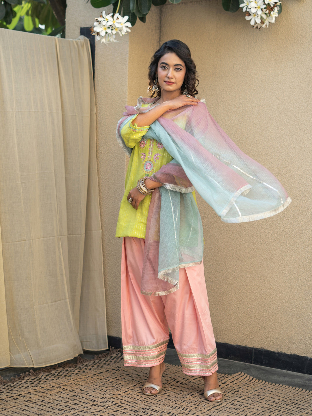 Lime Green Short Embroidered Kurta Paired With Farshi & Ombre Dupatta