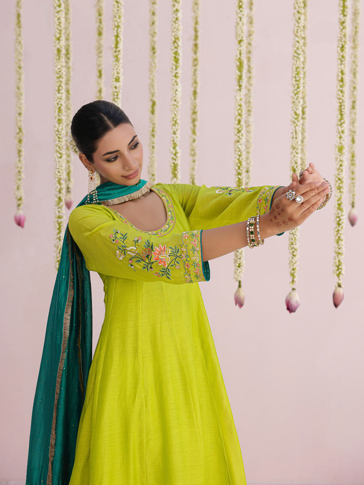 Lemon Anarkali Set With Floral Embroidery Details