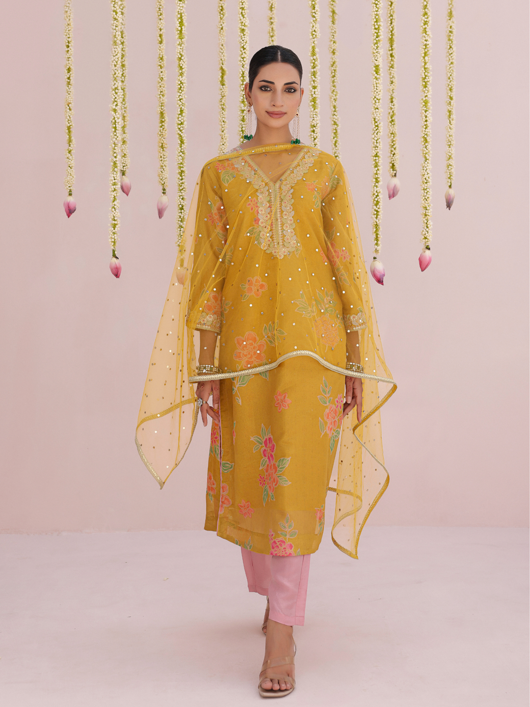 Mustard Kurta Set With Floral Print & Embroidered Neckline
