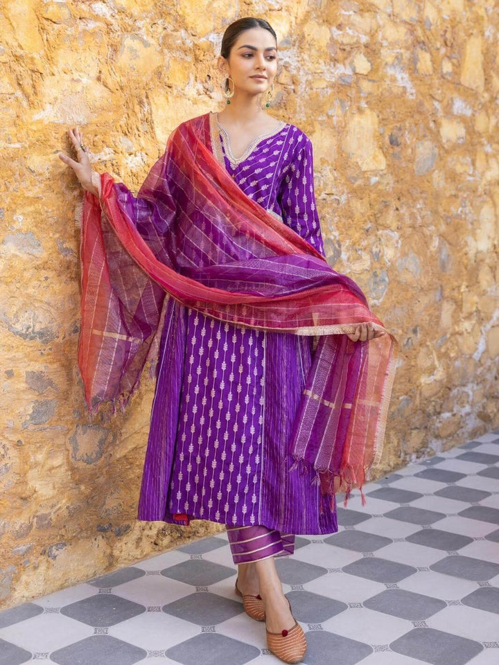 Purple Embroidered Zari A-Line Kurta Set with Organza Dupatta - Myaara