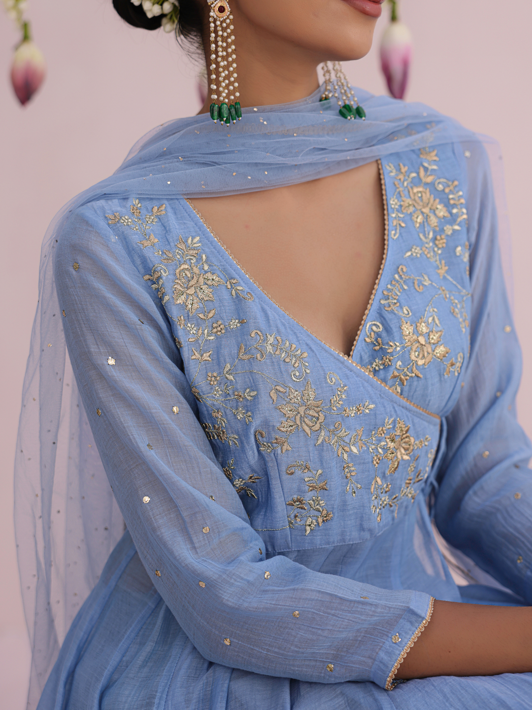 Dusty Blue Angarakha With Embroidered Yoke
