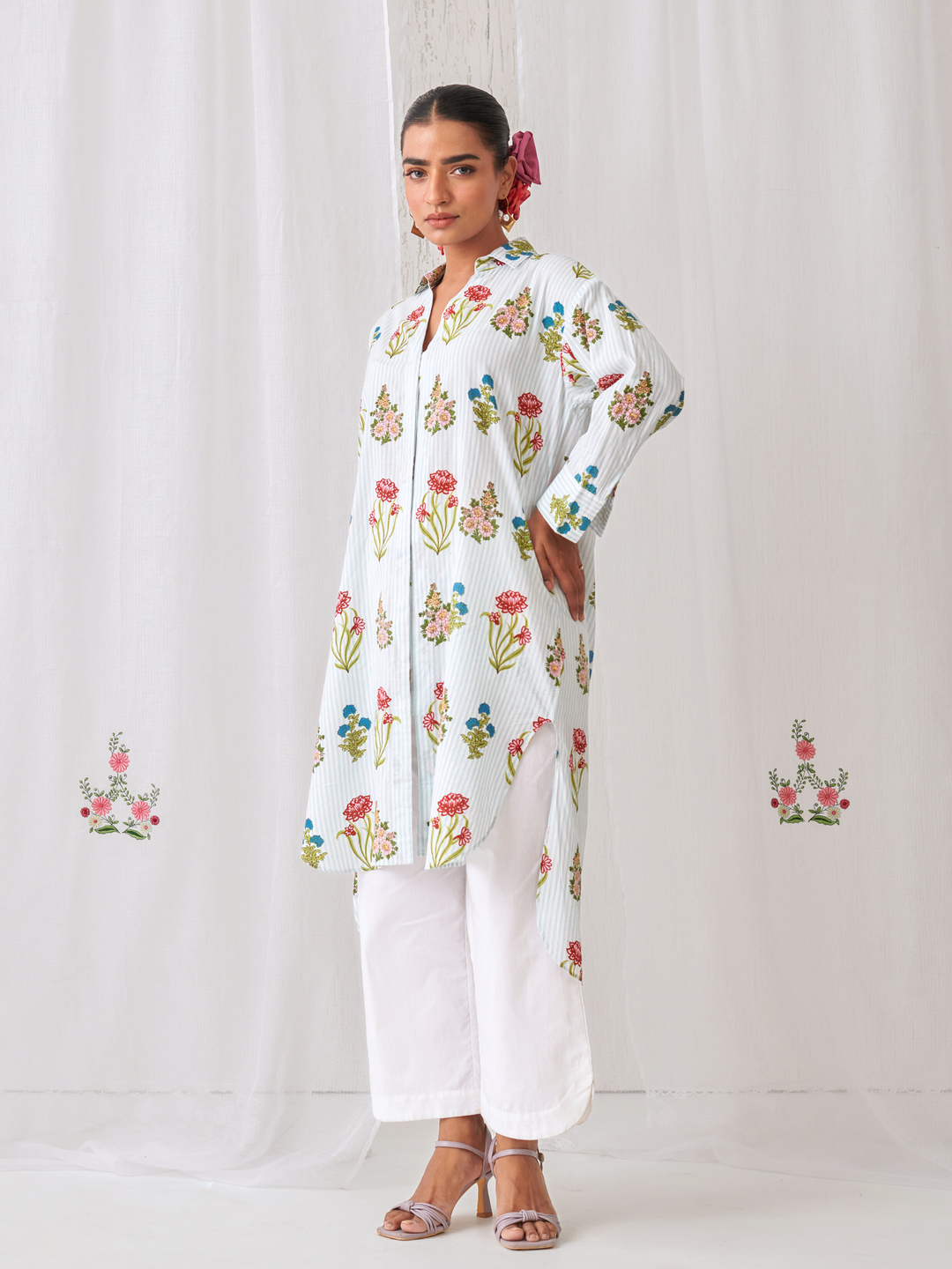Aqua Floral Shirt Style Kurta Paired With Curved  Hem White Pants