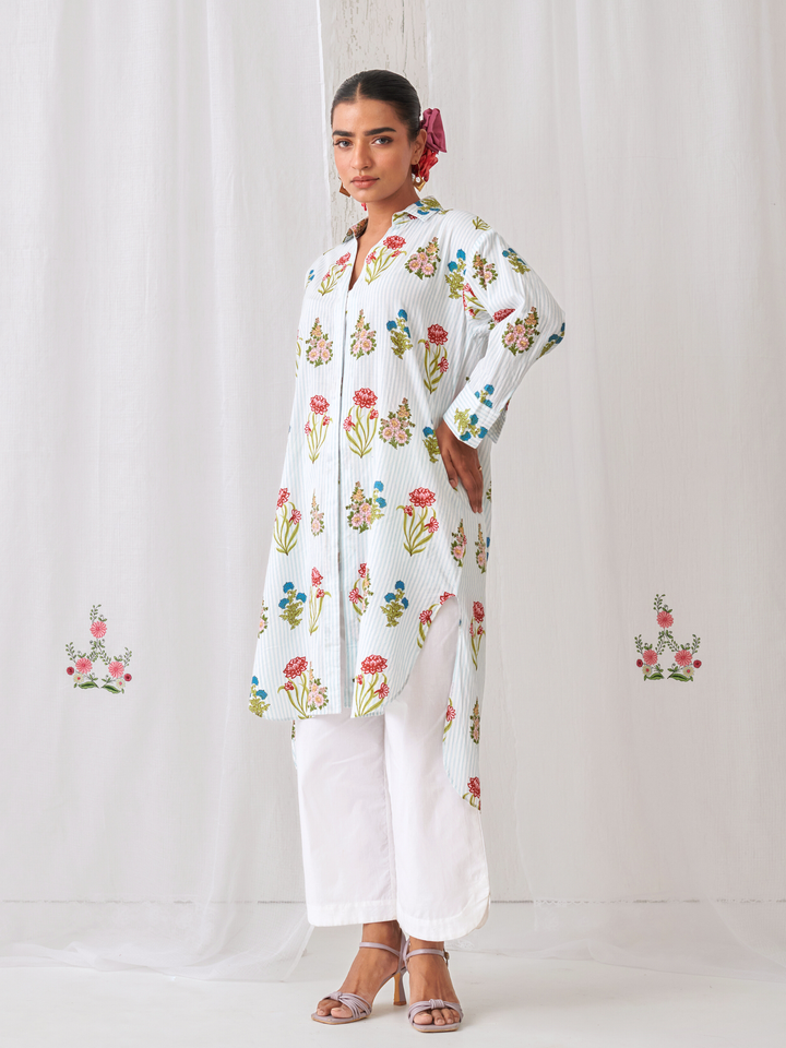 Aqua Floral Shirt Style Kurta Paired With Curved  Hem White Pants