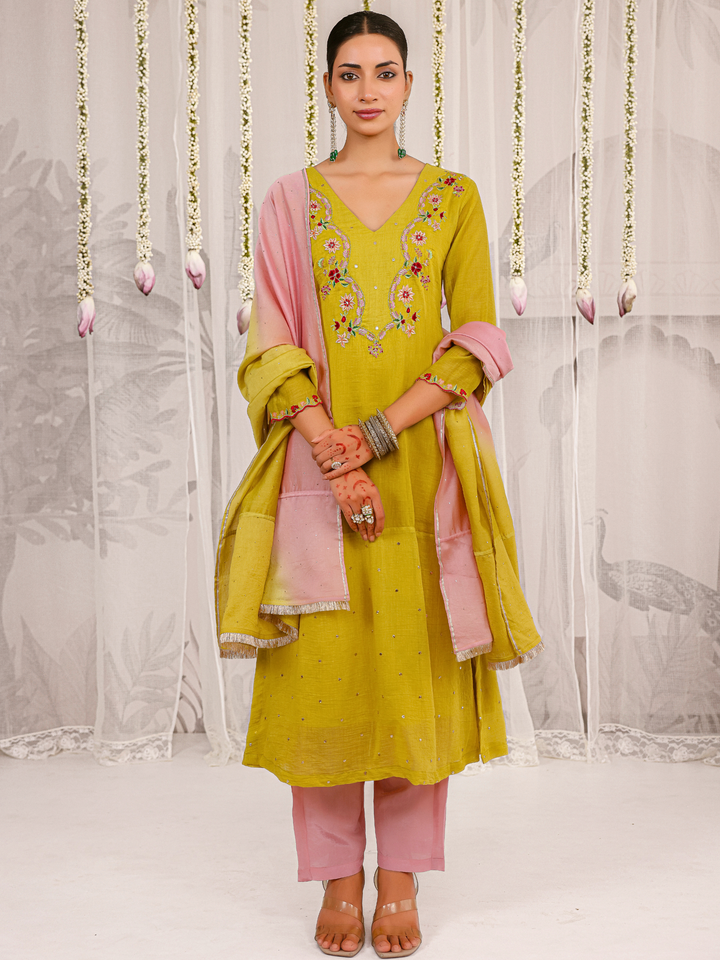 Olive Kurta Set With Floral Embroidered Yoke