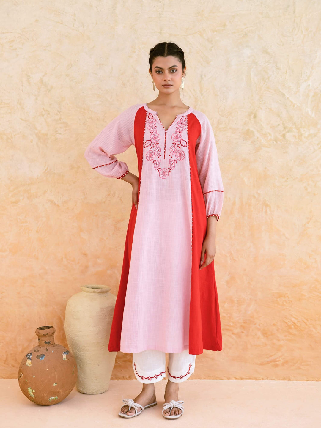Blush Pink Cotton Kurta Set for Women with Contrast Red Panel Detailing & Floral Embroidered Yoke – A-Line Kurta Set