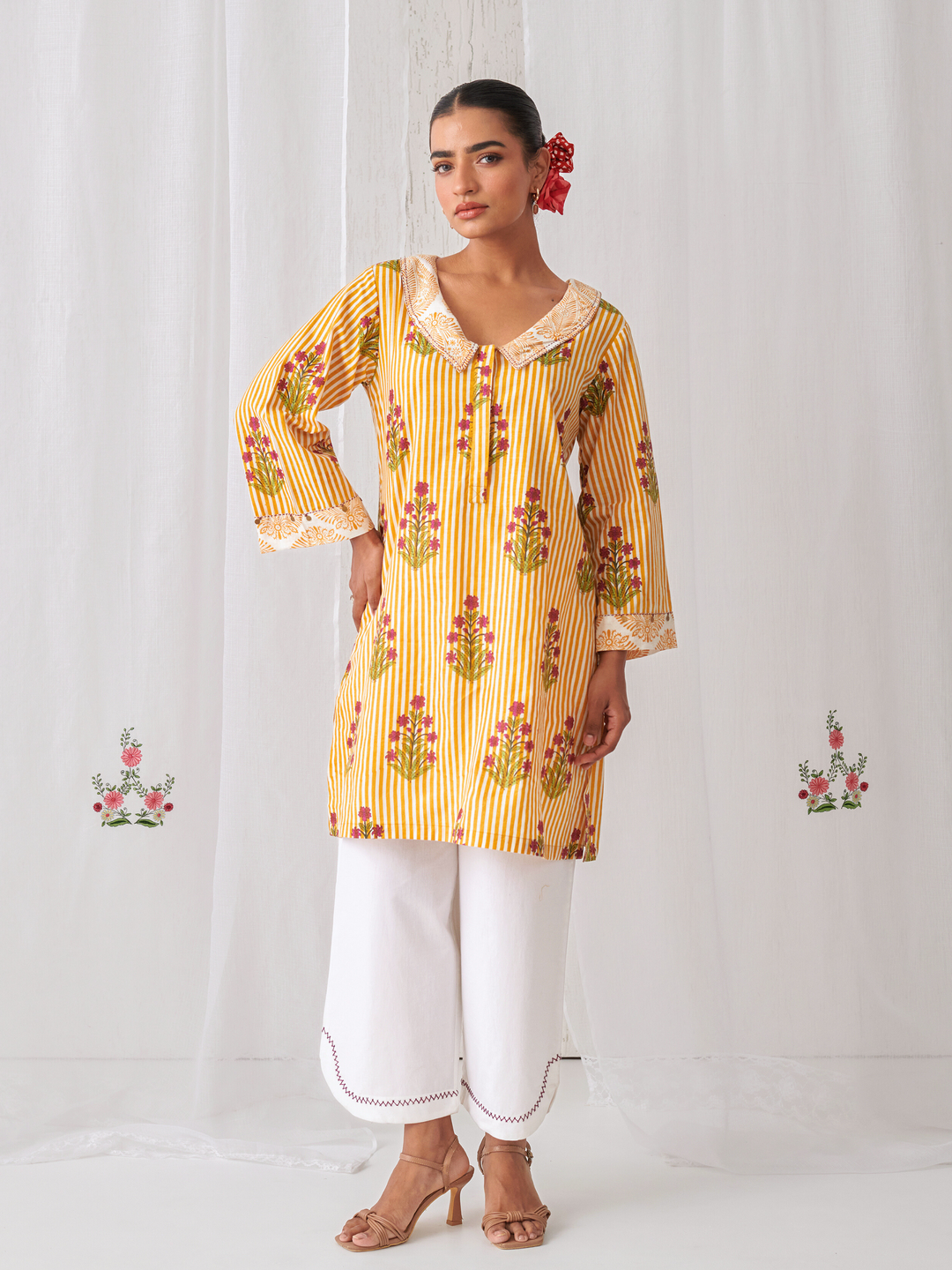 Yellow Floral Collared Short Kurta Paired With Curved  Hem White Pants
