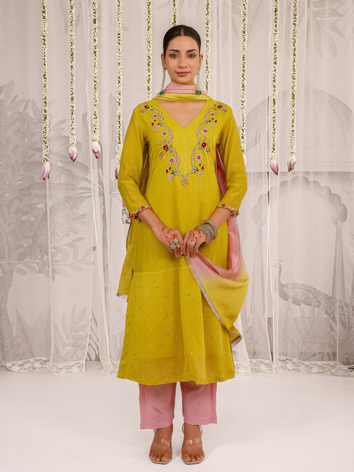 Olive Kurta Set With Floral Embroidered Yoke