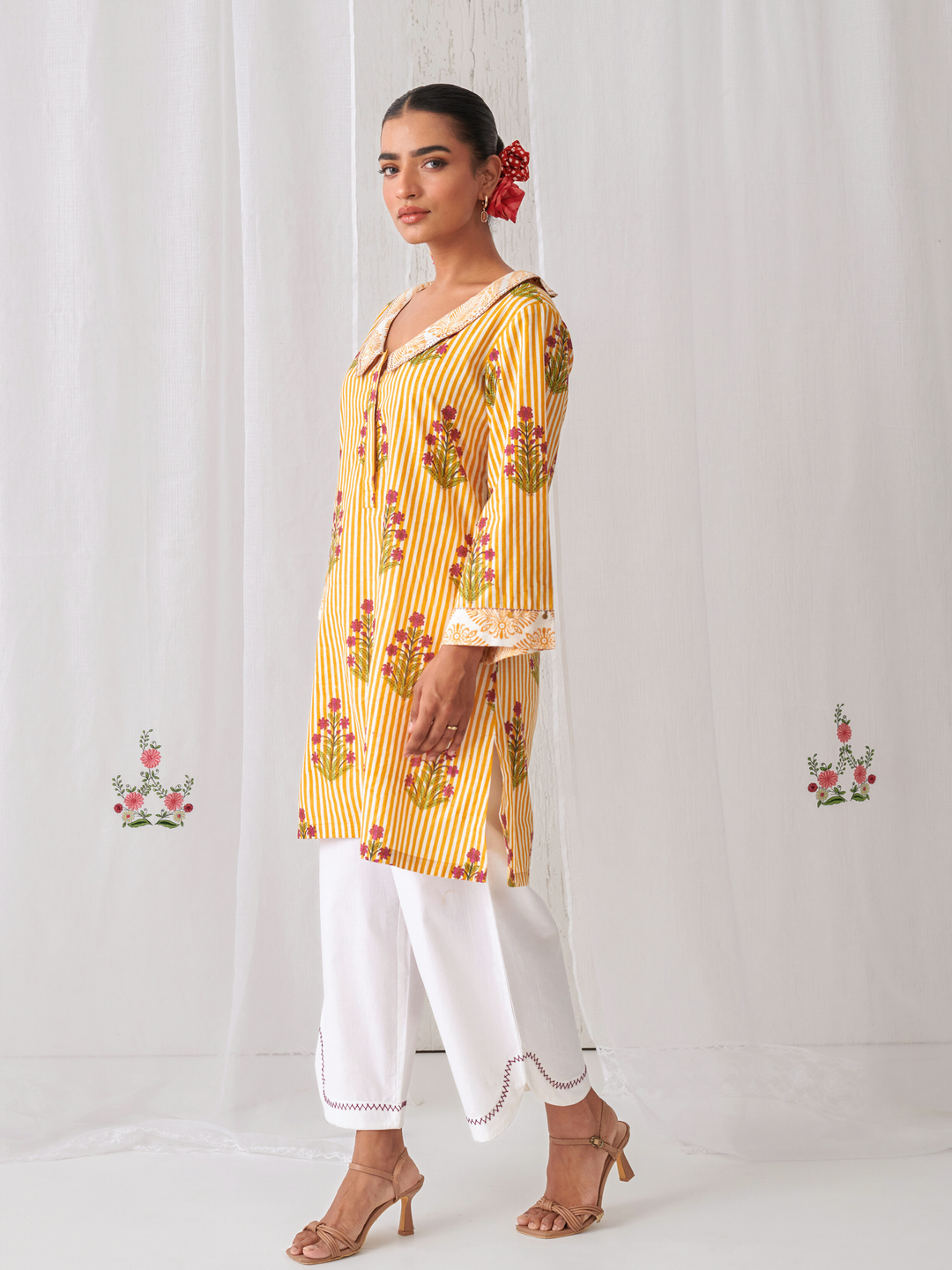 Yellow Floral Collared Short Kurta Paired With Curved  Hem White Pants