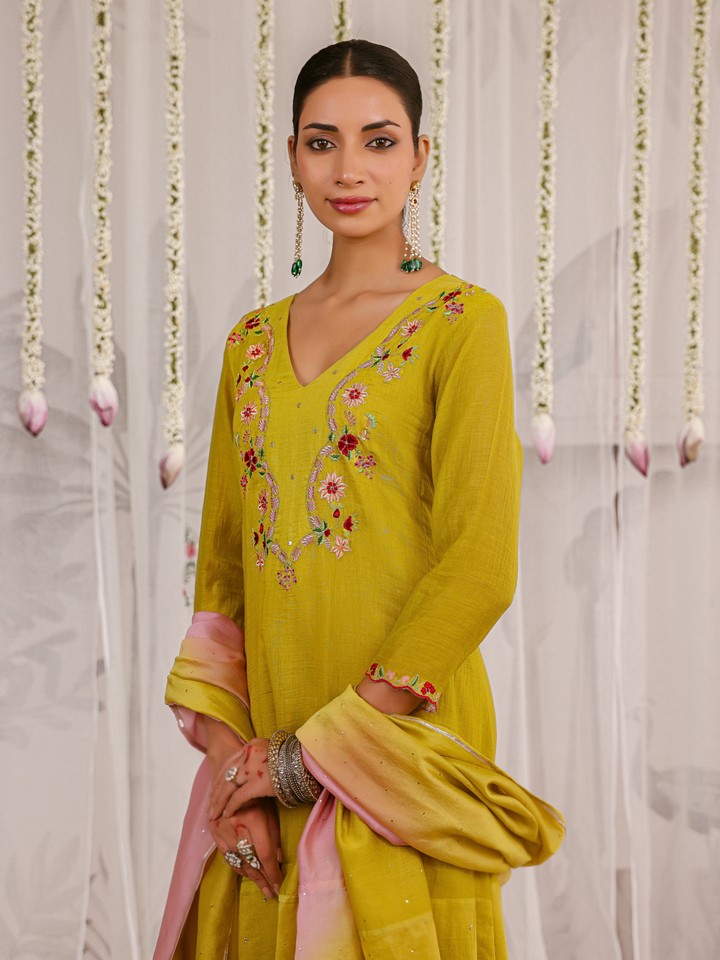 Olive Kurta Set With Floral Embroidered Yoke