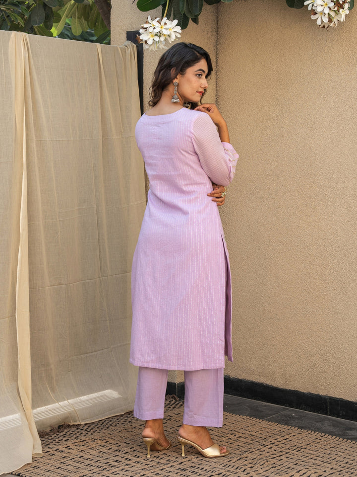 Lilac Embroidered Kurta Paired With Matching Pants & Dupatta