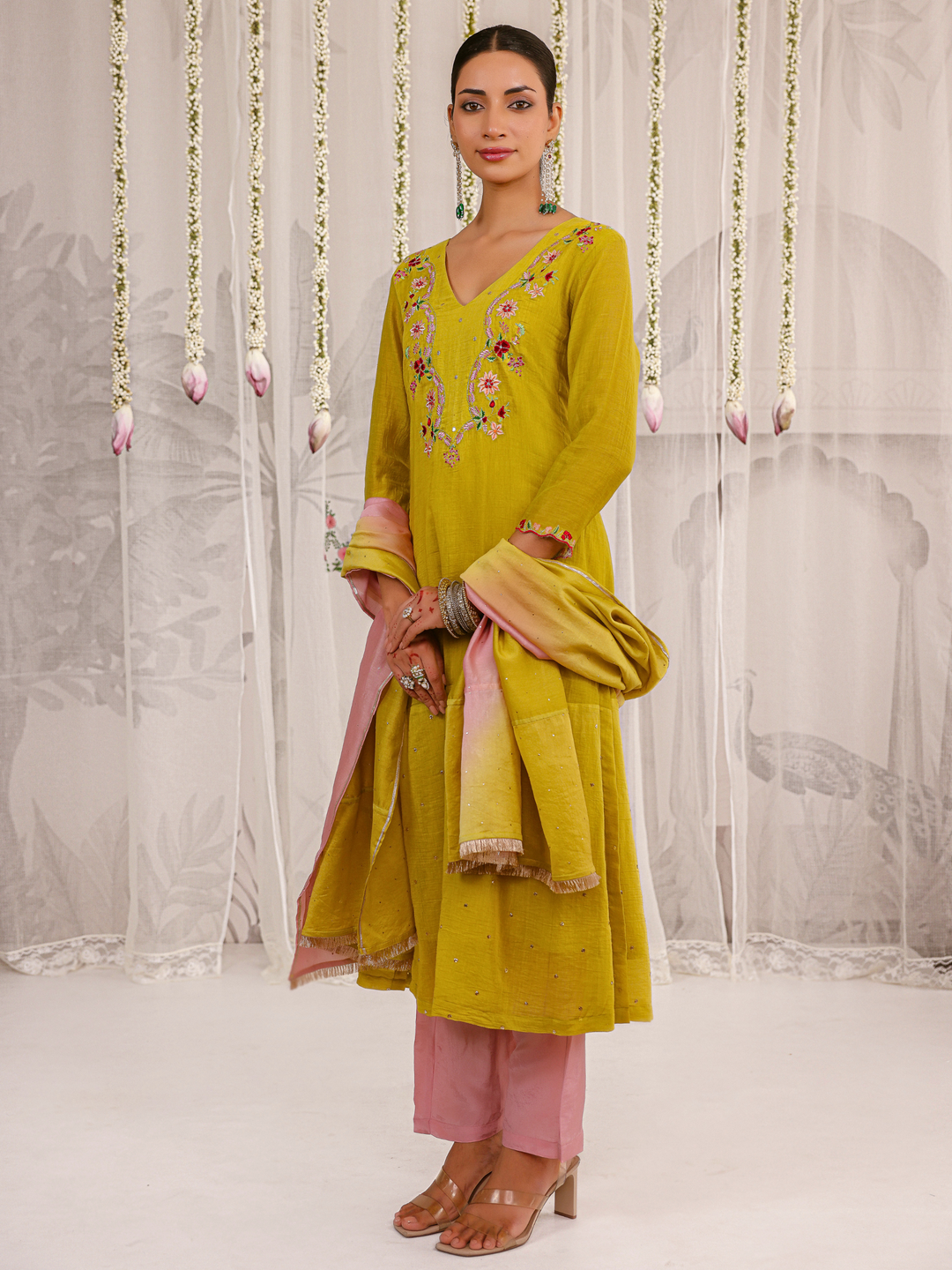 Olive Kurta Set With Floral Embroidered Yoke