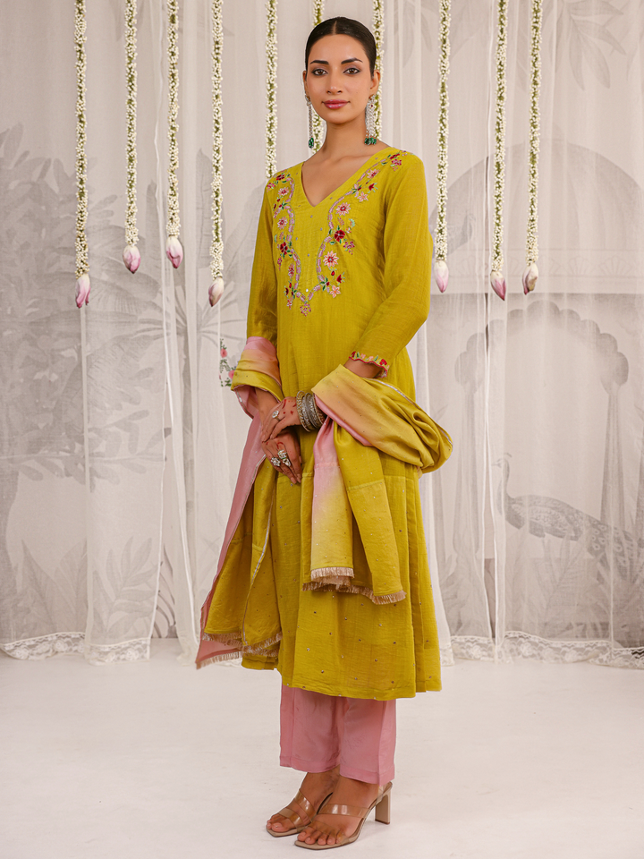 Olive Kurta Set With Floral Embroidered Yoke