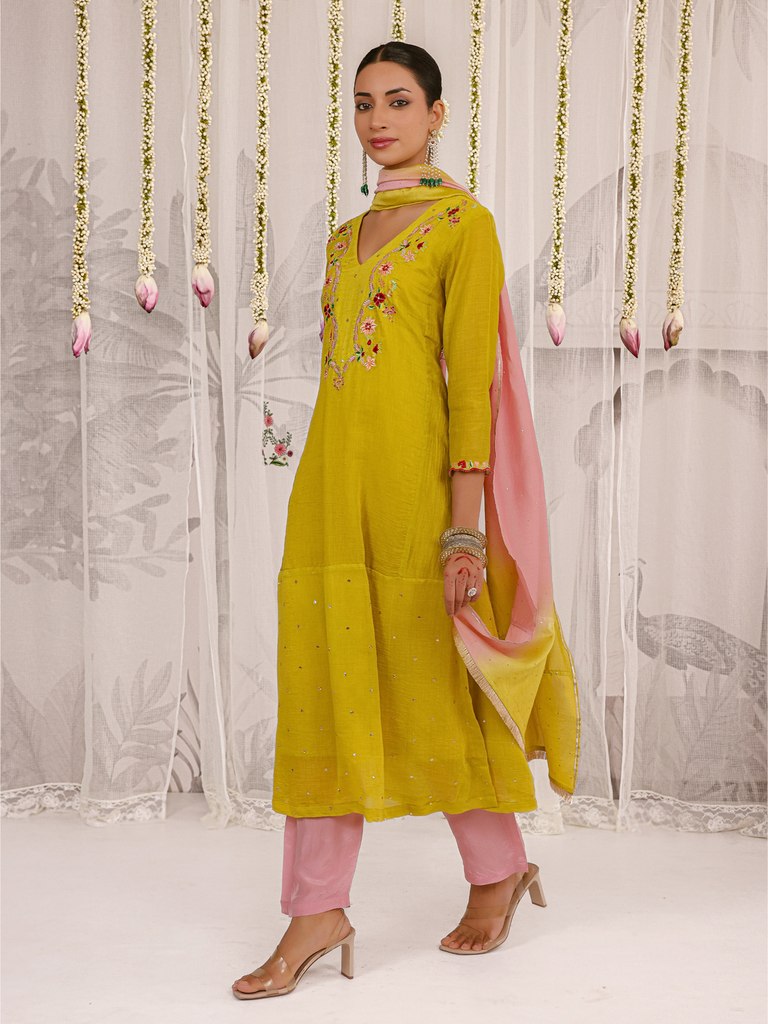 Olive Kurta Set With Floral Embroidered Yoke