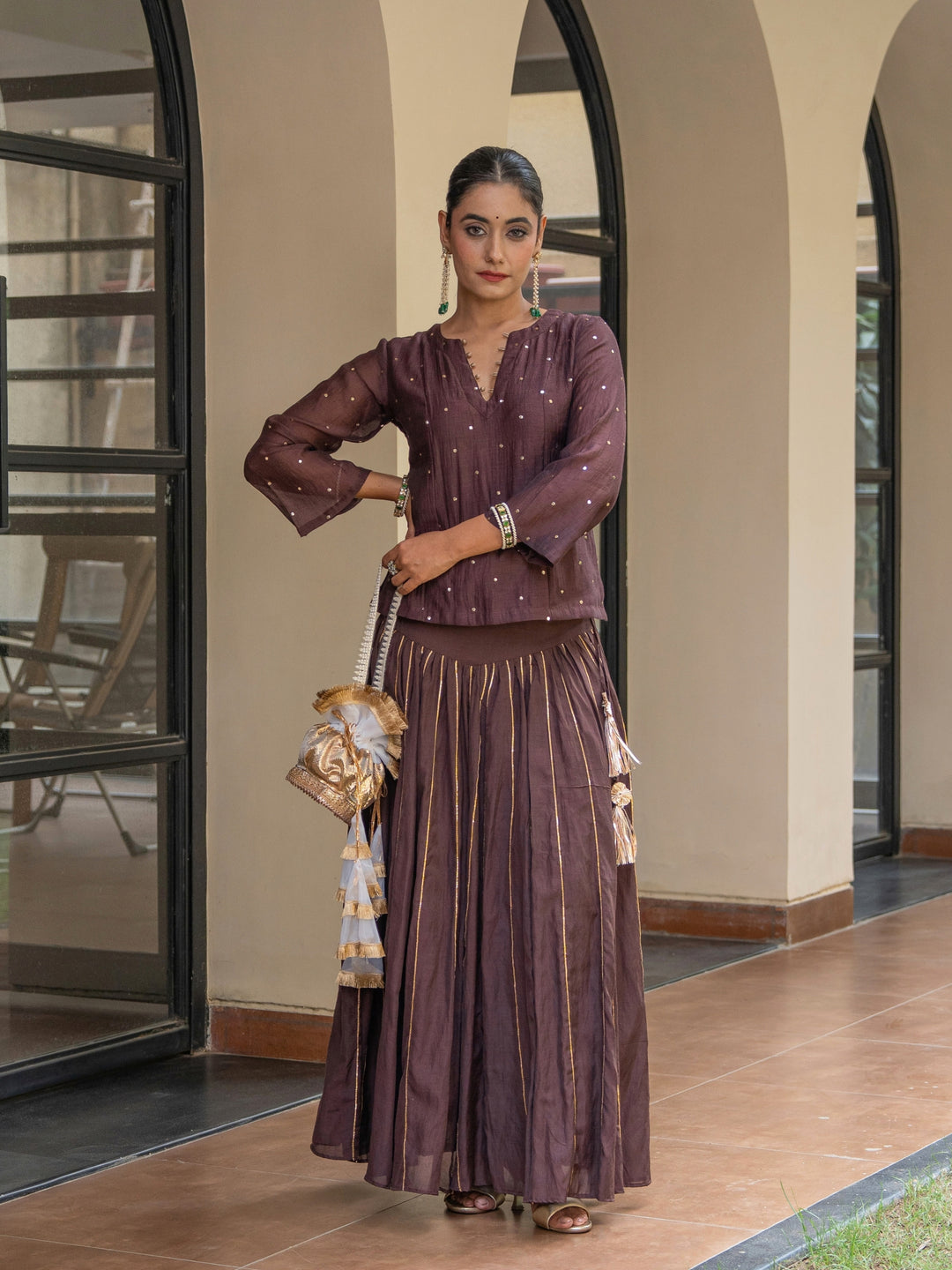 Brown Skirt Set - Chanderi Top With Mukeish Work Paired With Gota Detailed Matching Skirt