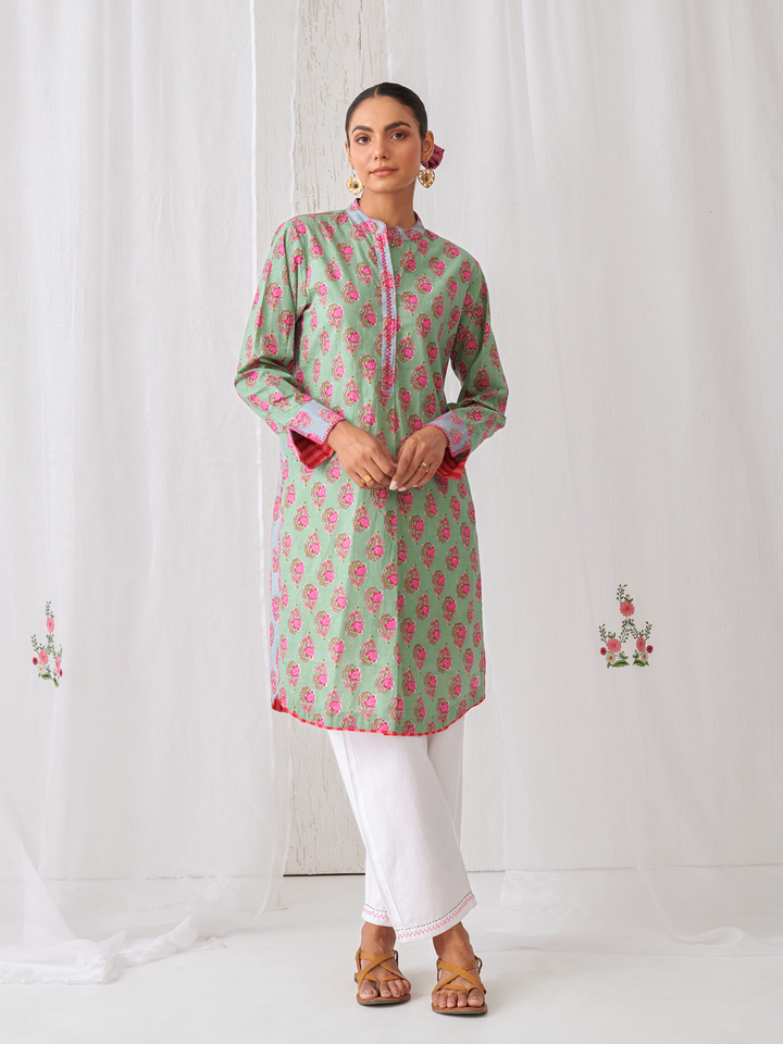 "Mint Green Floral Short Kurta With Band Collar Paired With White Straight Pants  "