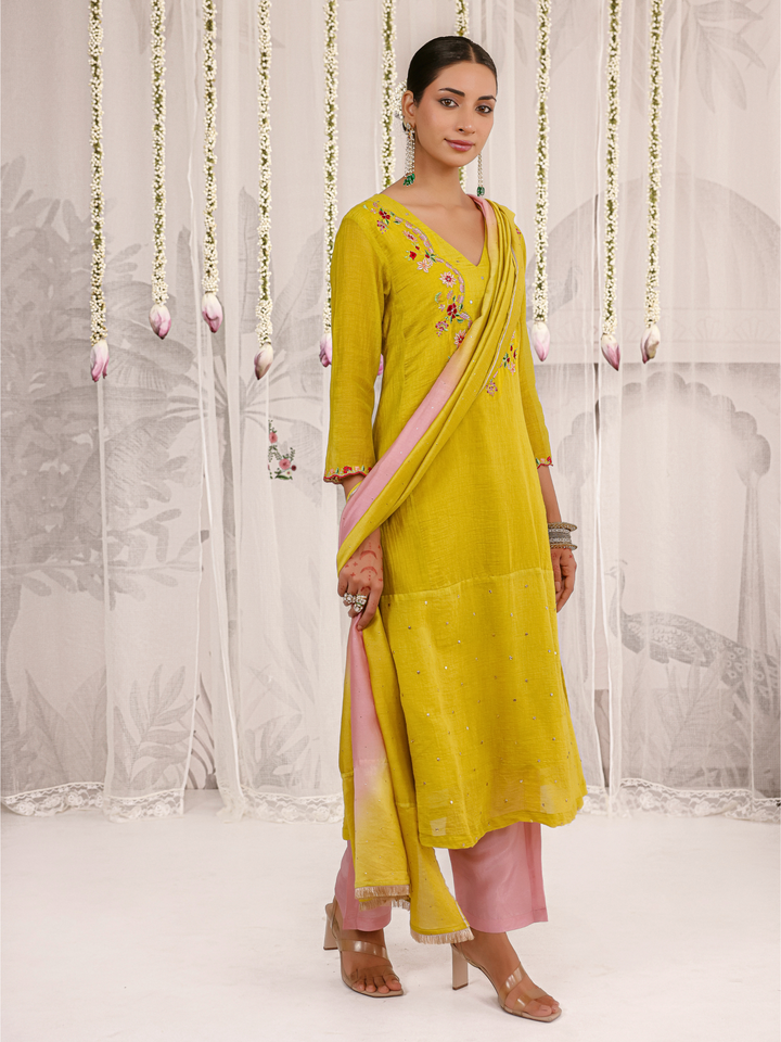 Olive Kurta Set With Floral Embroidered Yoke