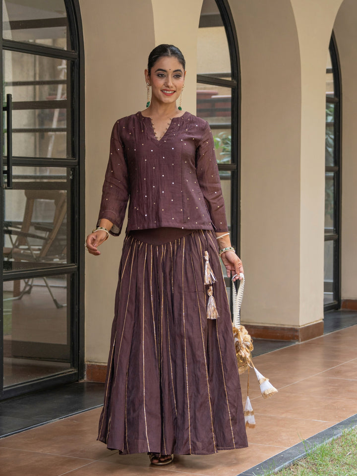 Brown Skirt Set - Chanderi Top With Mukeish Work Paired With Gota Detailed Matching Skirt
