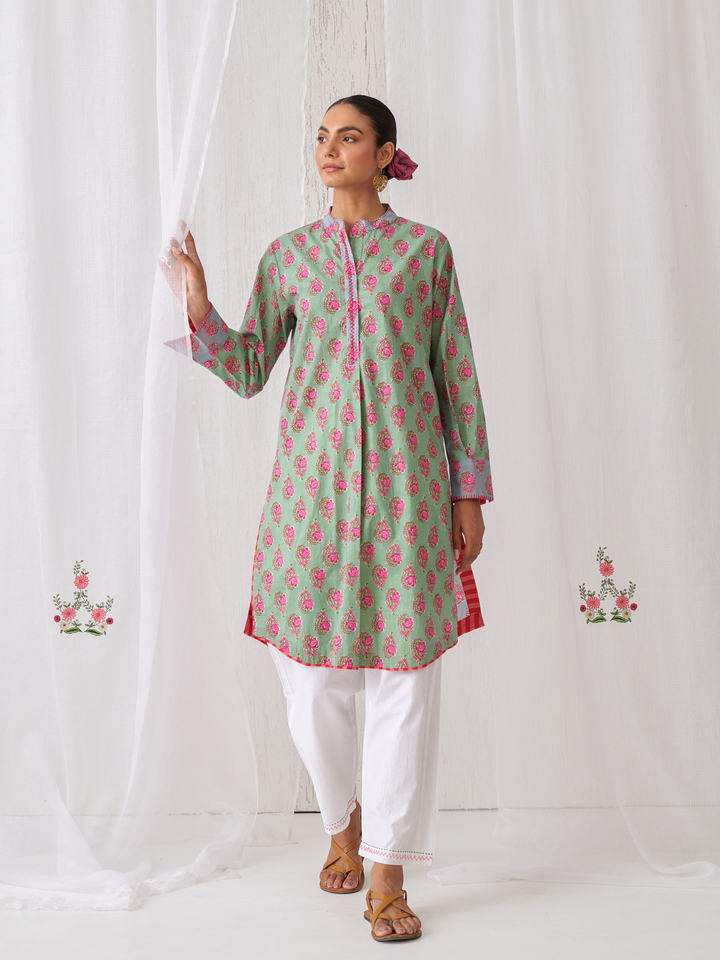"Mint Green Floral Short Kurta With Band Collar Paired With White Straight Pants  "