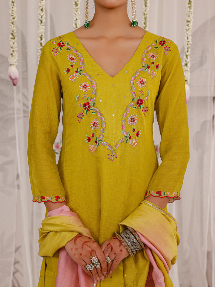 Olive Kurta Set With Floral Embroidered Yoke