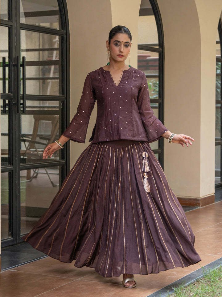 Brown Skirt Set - Chanderi Top With Mukeish Work Paired With Gota Detailed Matching Skirt