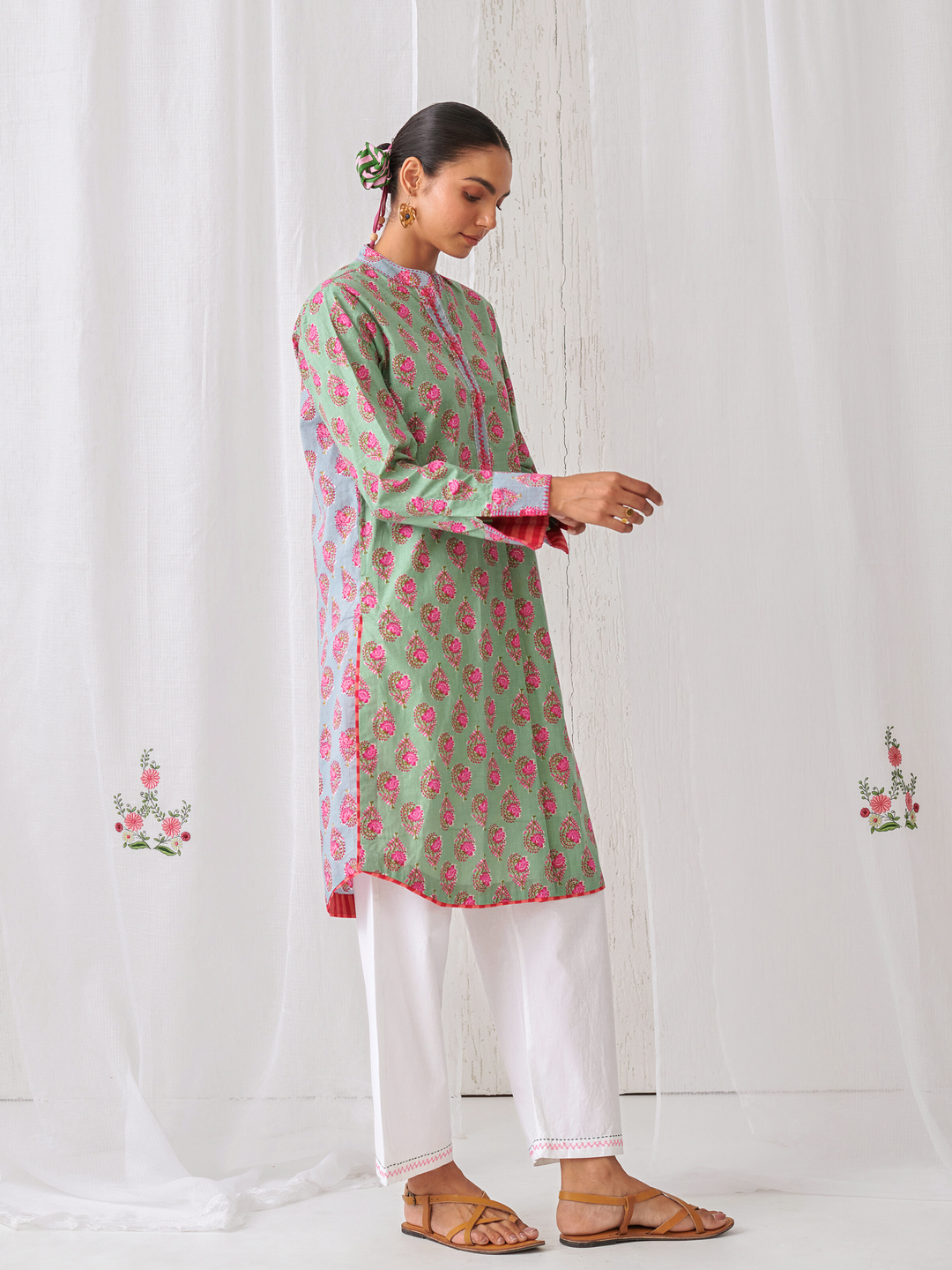 "Mint Green Floral Short Kurta With Band Collar Paired With White Straight Pants  "