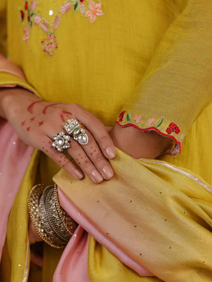 Olive Kurta Set With Floral Embroidered Yoke