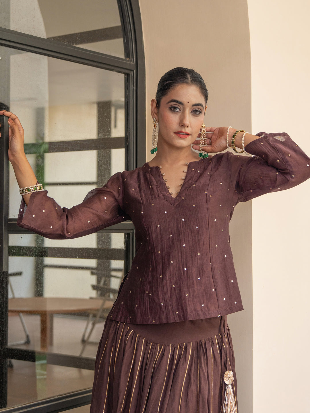 Brown Skirt Set - Chanderi Top With Mukeish Work Paired With Gota Detailed Matching Skirt