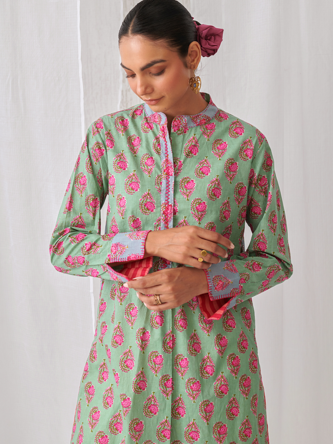 "Mint Green Floral Short Kurta With Band Collar Paired With White Straight Pants  "