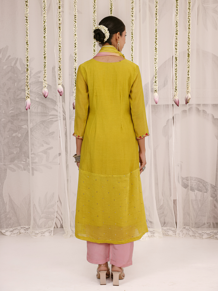 Olive Kurta Set With Floral Embroidered Yoke