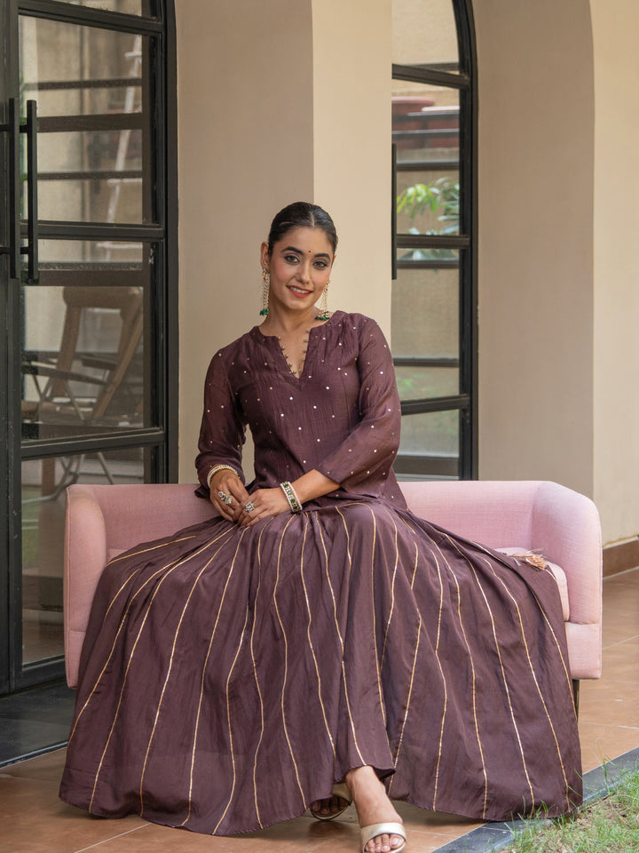 Brown Skirt Set - Chanderi Top With Mukeish Work Paired With Gota Detailed Matching Skirt