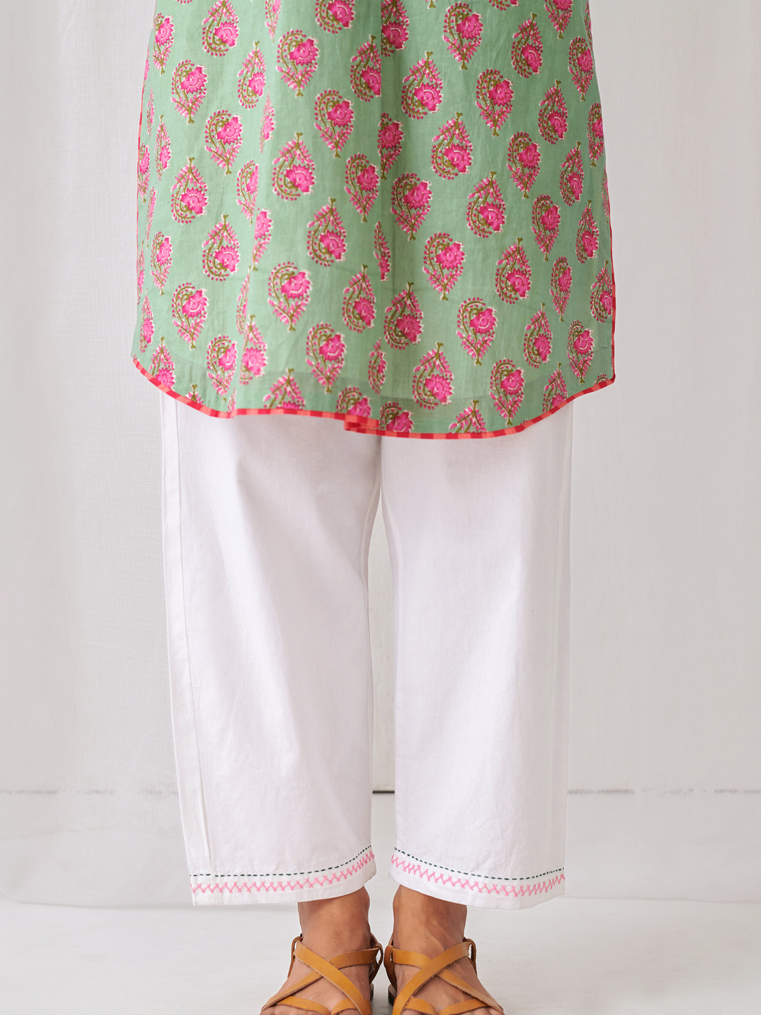"Mint Green Floral Short Kurta With Band Collar Paired With White Straight Pants  "