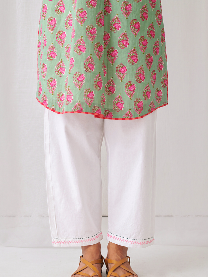 "Mint Green Floral Short Kurta With Band Collar Paired With White Straight Pants  "