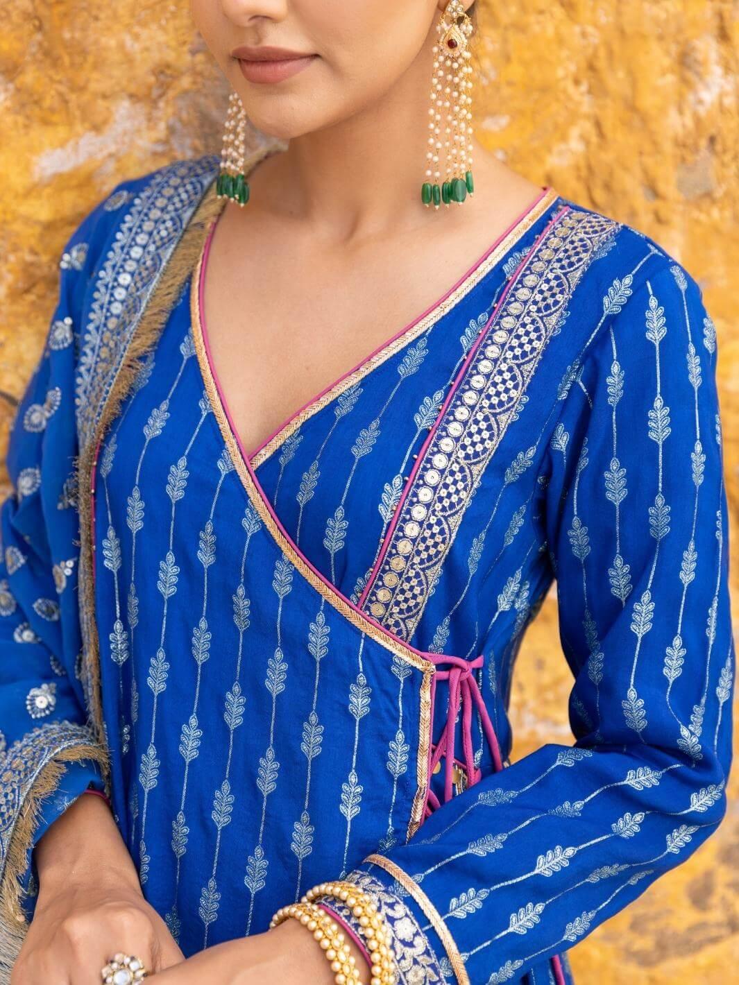 Royal Blue Zari Ethnic Angrakha Set with Embroidered Dupatta - Myaara