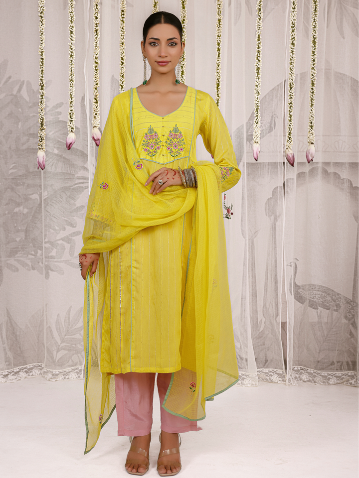 Lemon Kurta Set With Embroidered Yoke