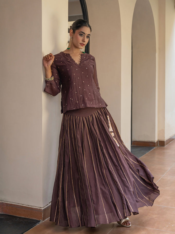 Brown Skirt Set - Chanderi Top With Mukeish Work Paired With Gota Detailed Matching Skirt