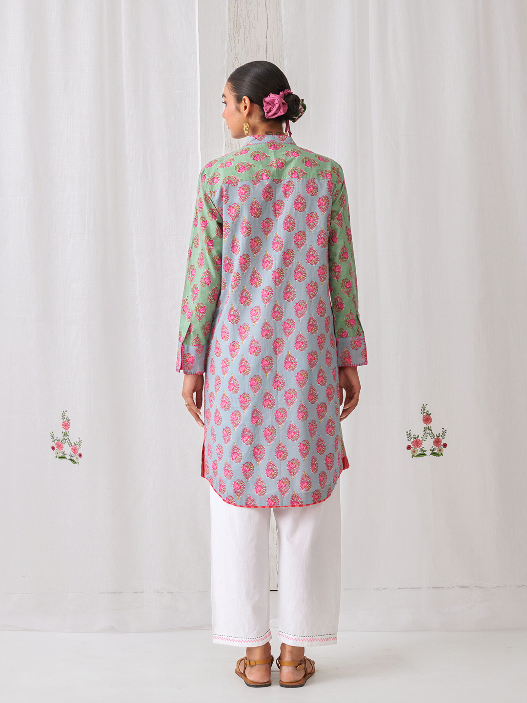 "Mint Green Floral Short Kurta With Band Collar Paired With White Straight Pants  "