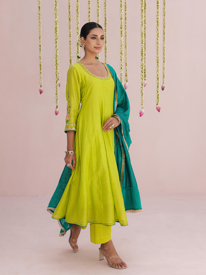 Lemon Anarkali Set With Floral Embroidery Details