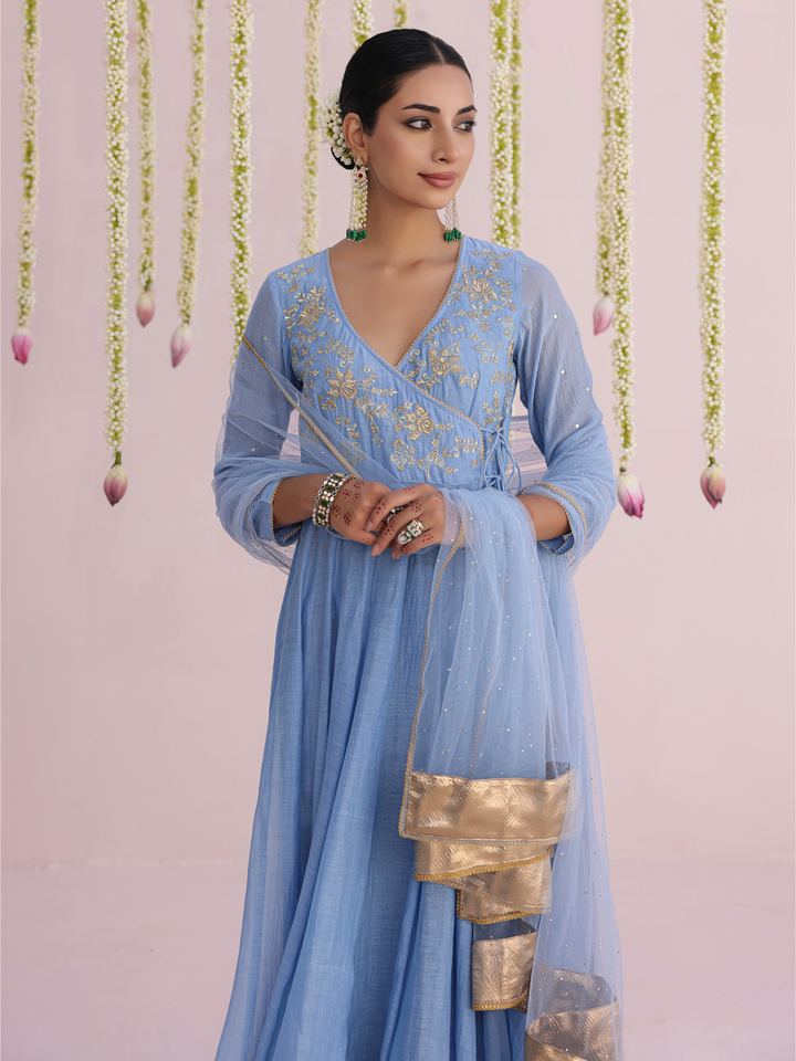 Dusty Blue Angarakha With Embroidered Yoke